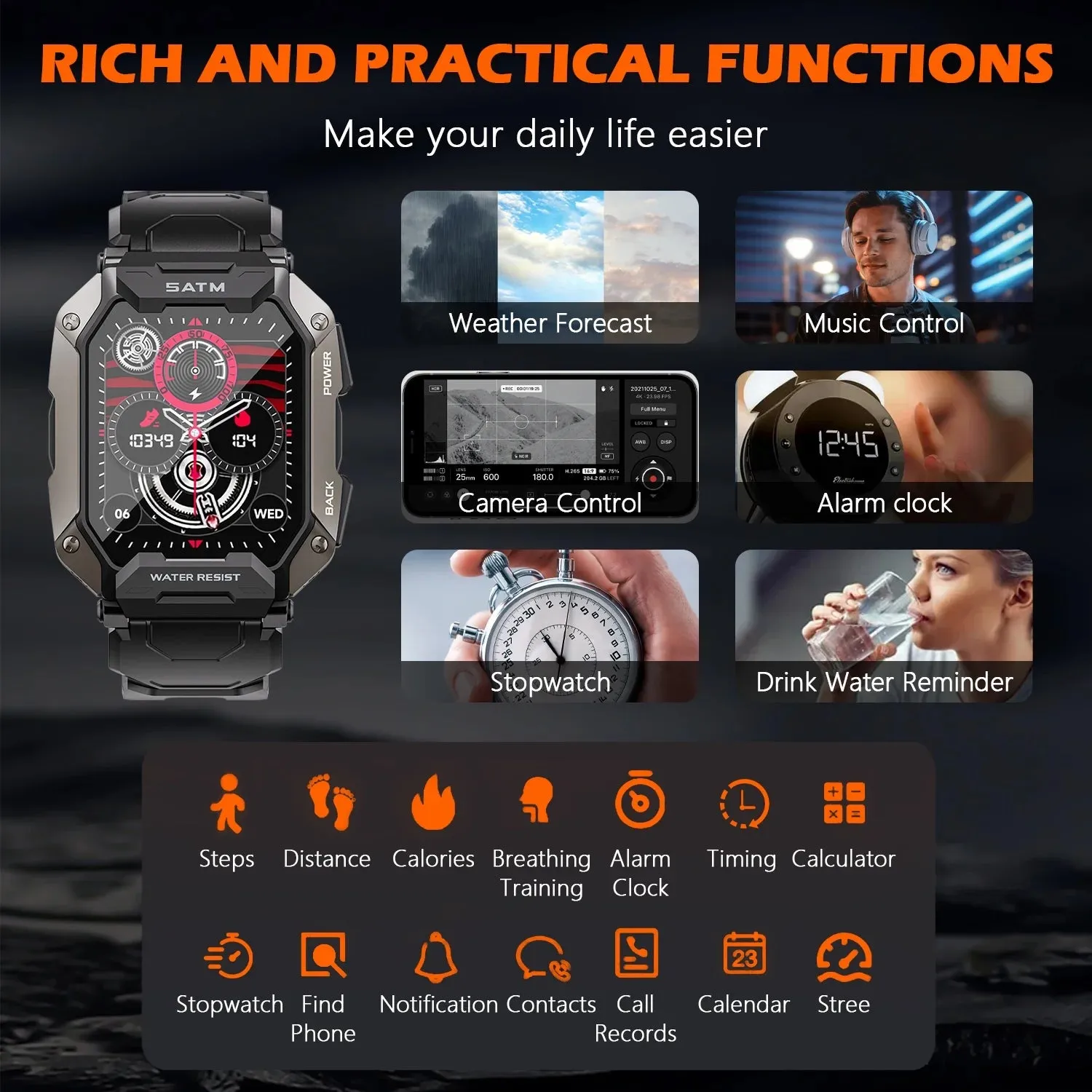 Military Smart Watches for Men, 1.81'' HD Outdoor Sports Rugged Smartwatch for Android and iPhone Compatible, Black