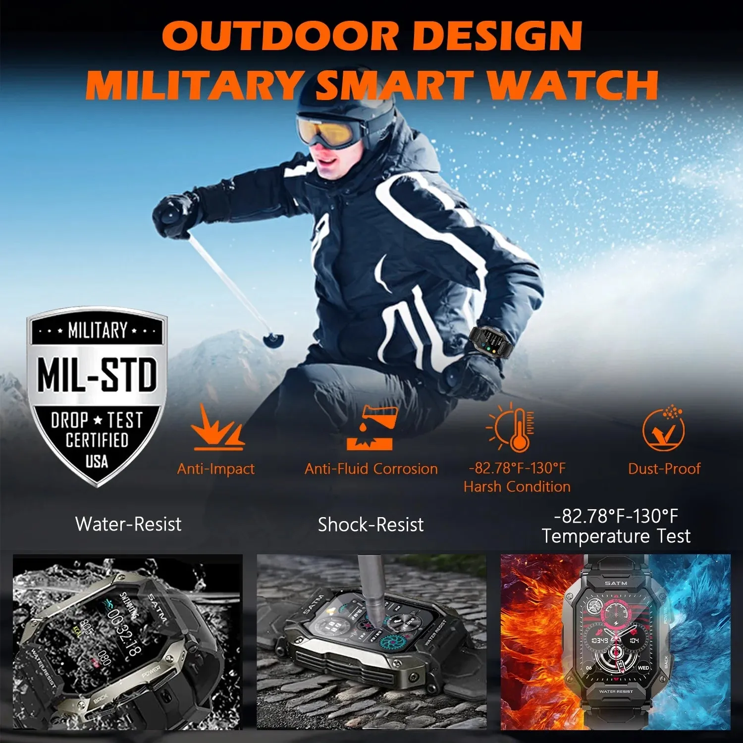 Military Smart Watches for Men, 1.81'' HD Outdoor Sports Rugged Smartwatch for Android and iPhone Compatible, Black