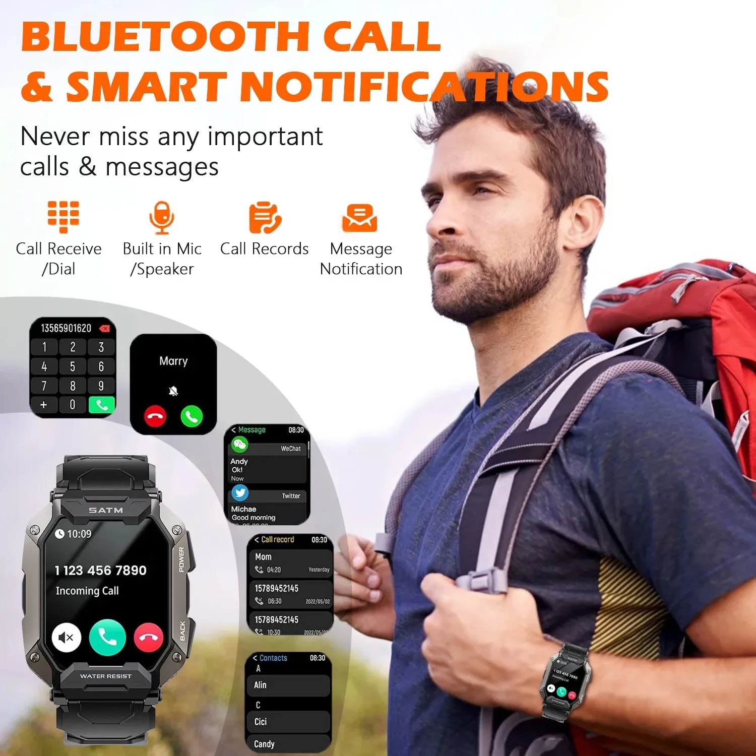 Military Smart Watches for Men, 1.81'' HD Outdoor Sports Rugged Smartwatch for Android and iPhone Compatible, Black