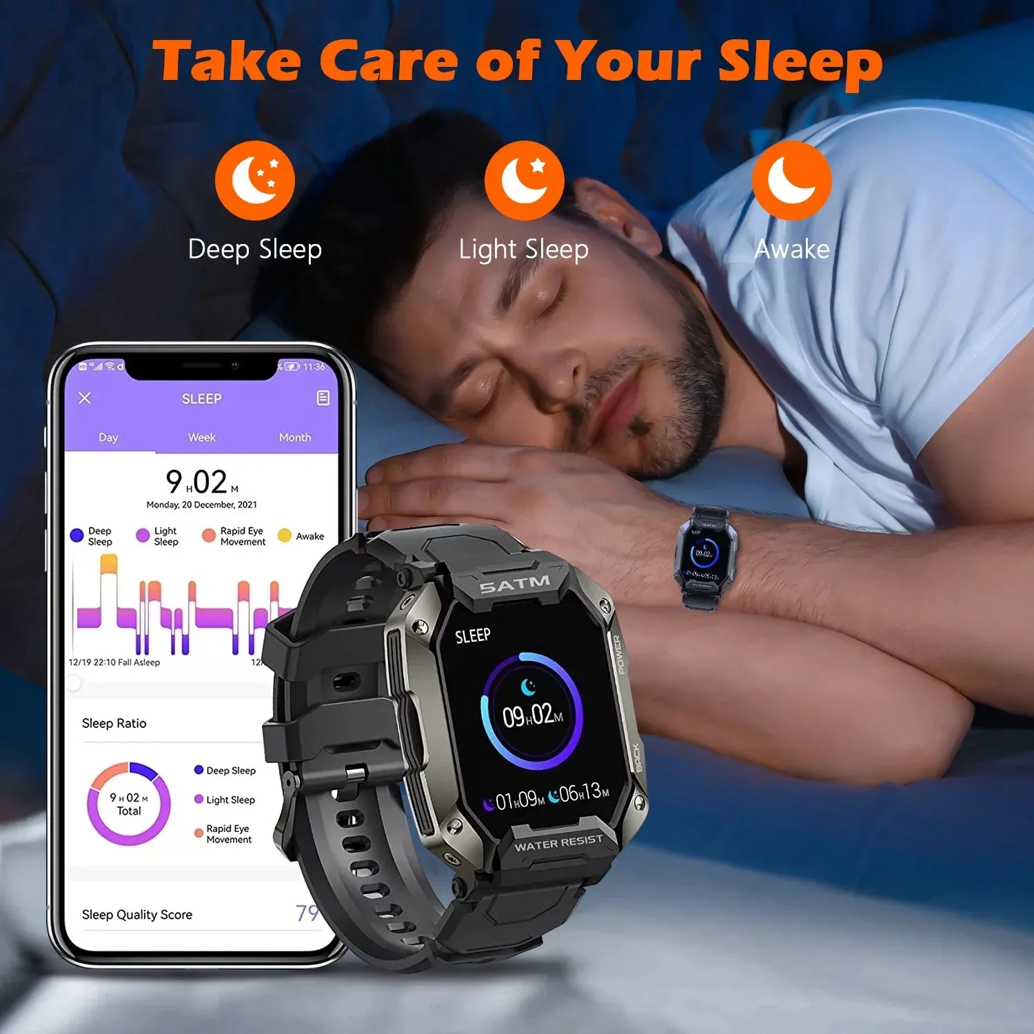 Military Smart Watches for Men, 1.81'' HD Outdoor Sports Rugged Smartwatch for Android and iPhone Compatible, Black