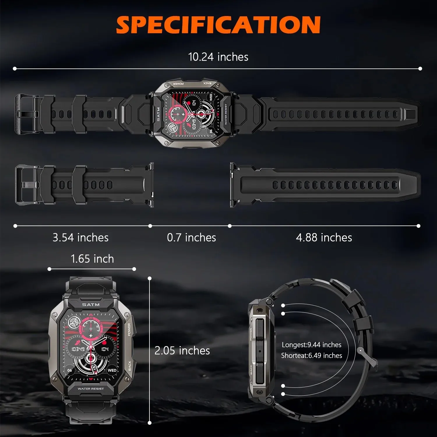 Military Smart Watches for Men, 1.81'' HD Outdoor Sports Rugged Smartwatch for Android and iPhone Compatible, Black