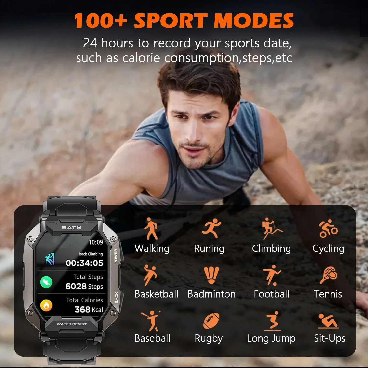 Military Smart Watches for Men, 1.81'' HD Outdoor Sports Rugged Smartwatch for Android and iPhone Compatible, Black