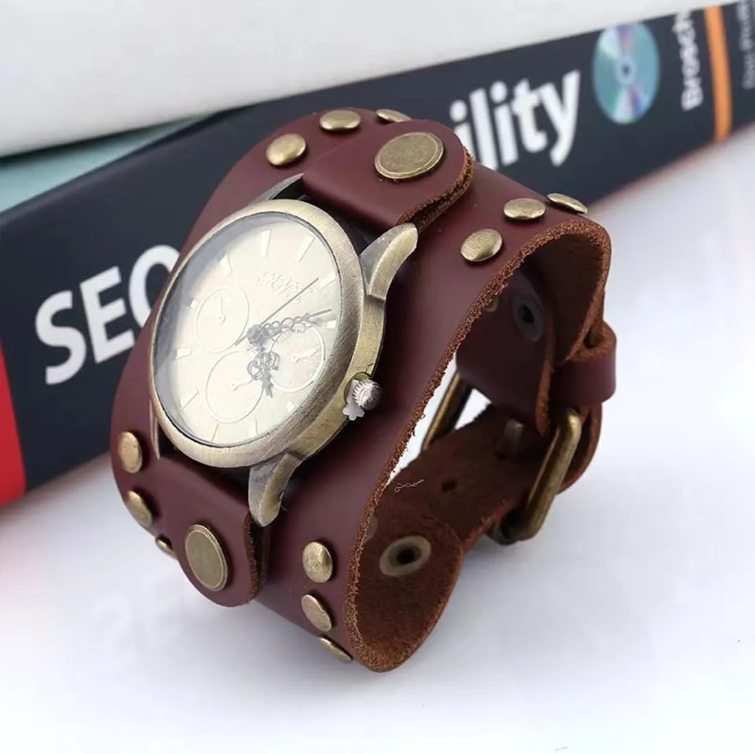 MINILUJIA Men's Wide Leather Casual Quartz Watch Bronze Big Dial Genuine Leather Soft Band Strap with Rivet Vintage Retro Punk