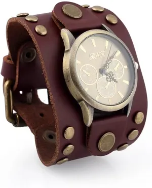 MINILUJIA Men's Wide Leather Casual Quartz Watch Bronze Big Dial Genuine Leather Soft Band Strap with Rivet Vintage Retro Punk