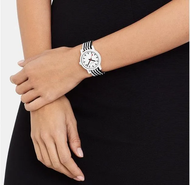 Mondaine essence, 32mm, black and white sustainable watch MS1.32110.LA