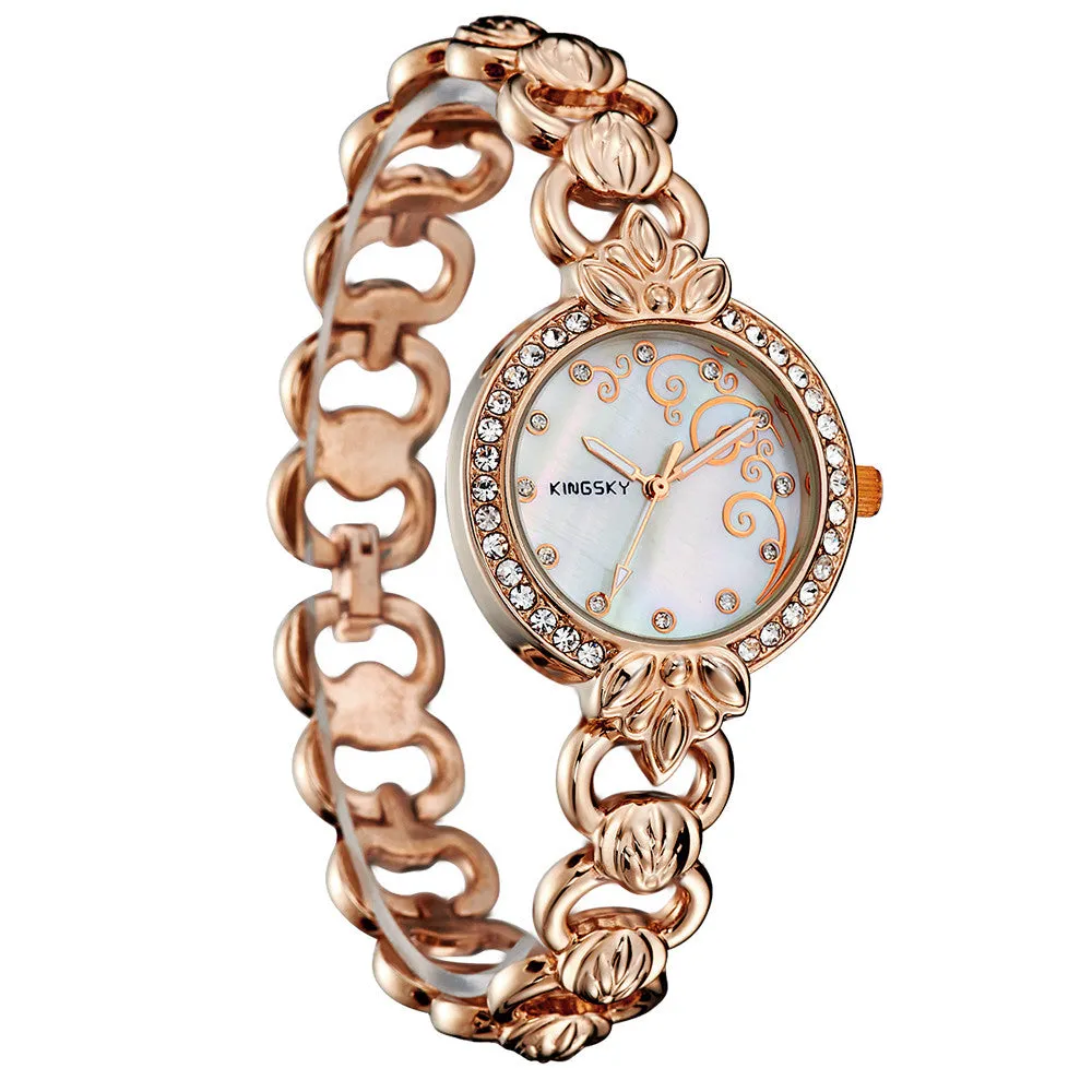 New Women Fashion Casual Watch Rose Gold Crystal Full Stainless Steel Bracelet Analog Display Luxury Women Rhinestone Watches
