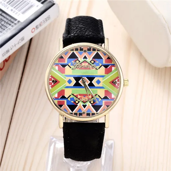 Newest Vintage Vogue Women Pattern fashion casual quartz leather watch Round dial wrist watch Korea Female Clock Classic Geneva