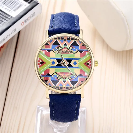 Newest Vintage Vogue Women Pattern fashion casual quartz leather watch Round dial wrist watch Korea Female Clock Classic Geneva
