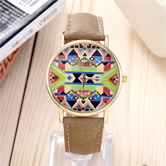 Newest Vintage Vogue Women Pattern fashion casual quartz leather watch Round dial wrist watch Korea Female Clock Classic Geneva