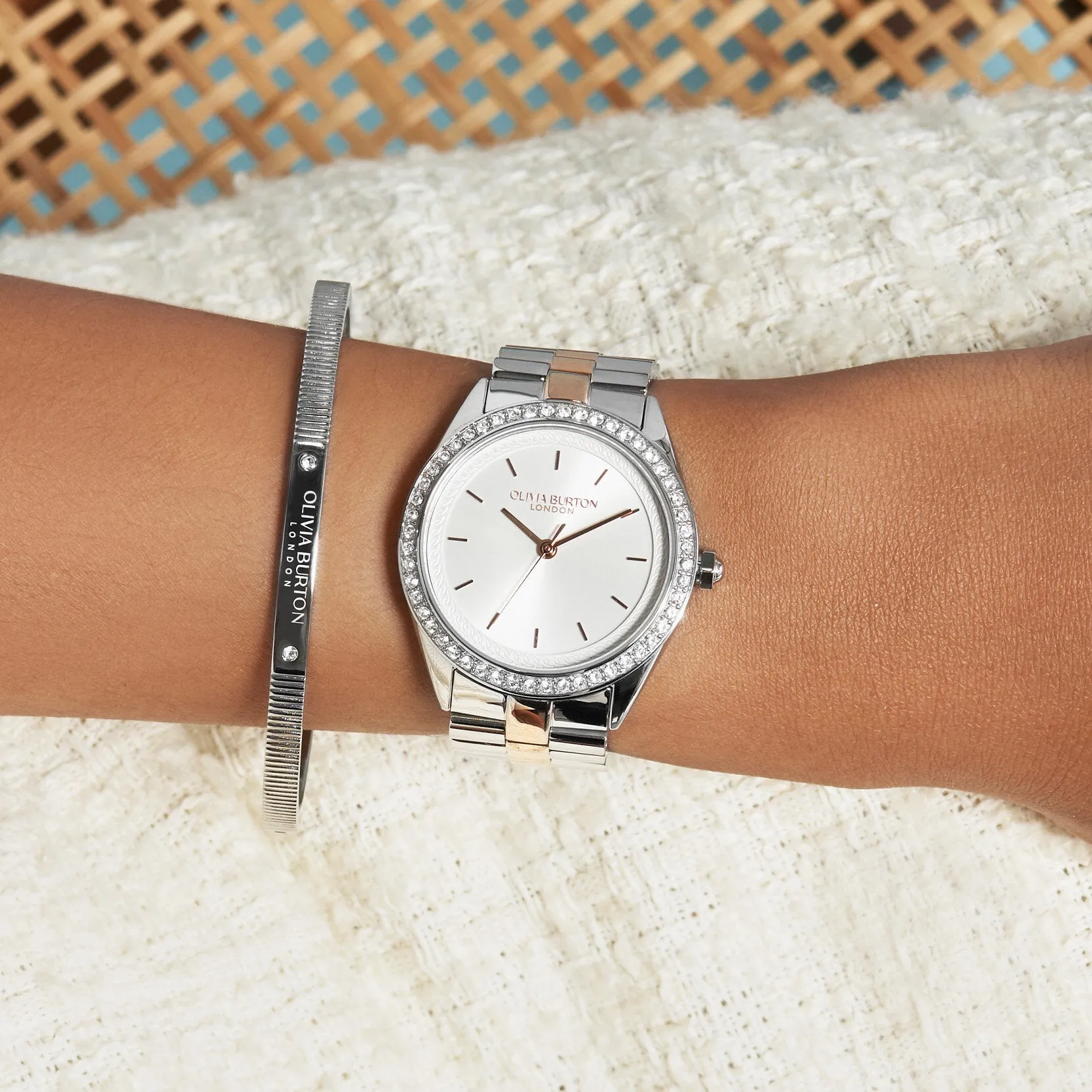 Olivia Burton Sports Luxe 34mm Bejewelled Silver & Two Tone Bracelet Watch