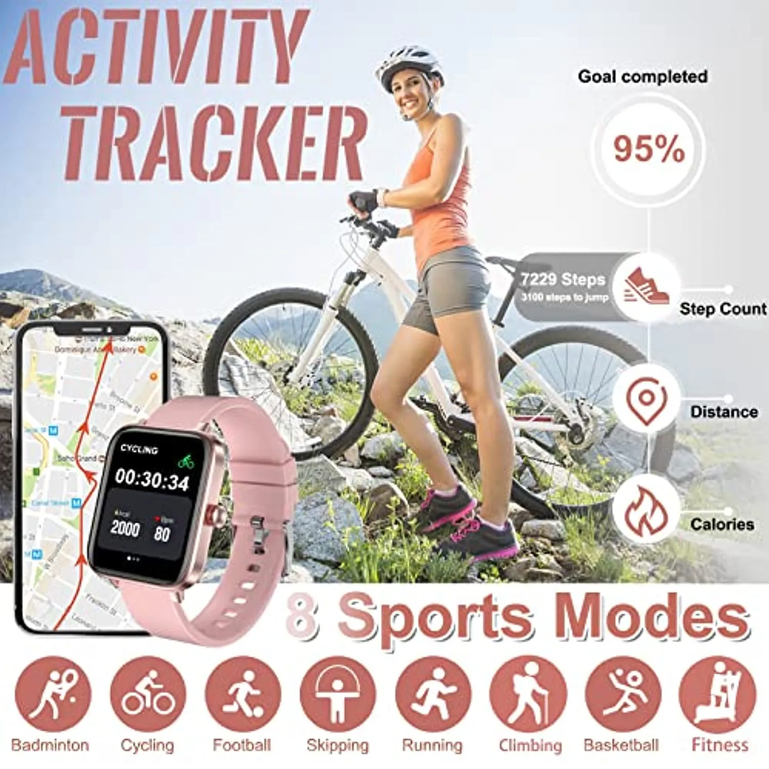 Pradory Smart Watch, Fitness Watch with Blood Pressure Heart Rate Monitor IP67 Waterproof Bluetooth Smartwatch 1.6" Touch Screen Sports Acticity Tracker Watch for Android iOS Phones Women Pink