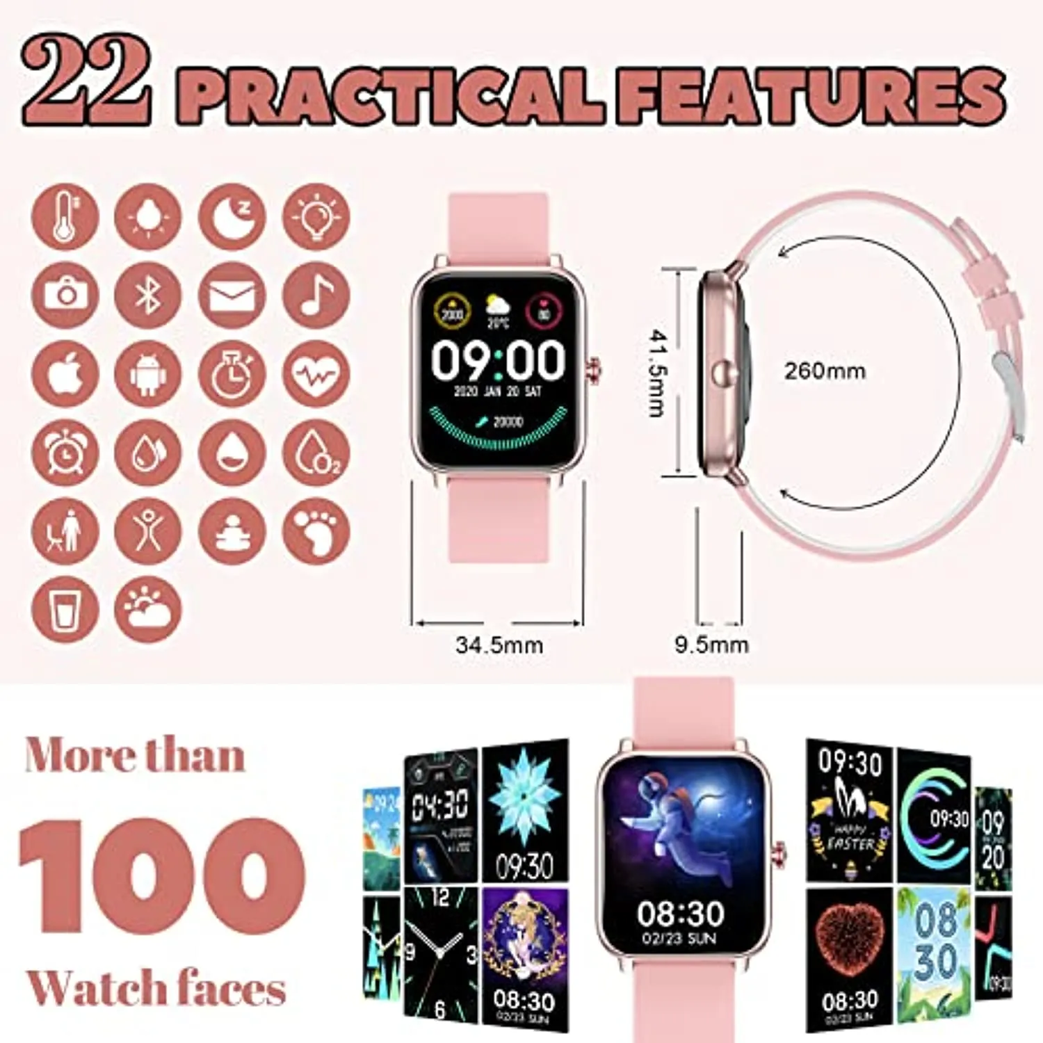 Pradory Smart Watch, Fitness Watch with Blood Pressure Heart Rate Monitor IP67 Waterproof Bluetooth Smartwatch 1.6" Touch Screen Sports Acticity Tracker Watch for Android iOS Phones Women Pink