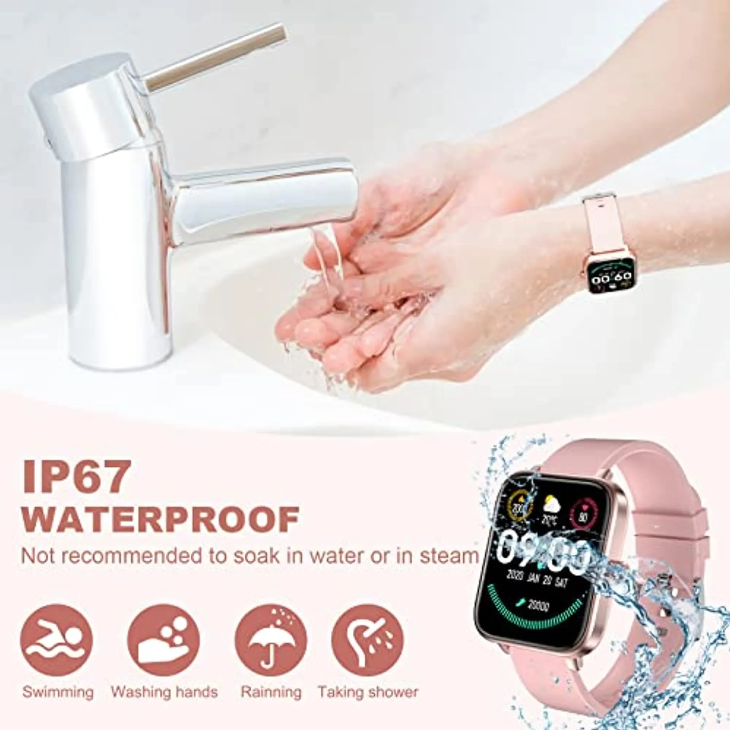 Pradory Smart Watch, Fitness Watch with Blood Pressure Heart Rate Monitor IP67 Waterproof Bluetooth Smartwatch 1.6" Touch Screen Sports Acticity Tracker Watch for Android iOS Phones Women Pink