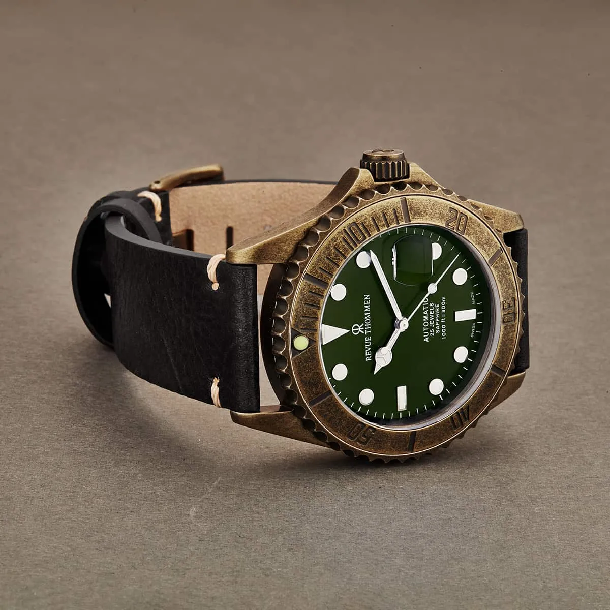 Revue Thommen 17571.2583 'Diver' Green Dial Black Leather Strap Date Automatic Watch