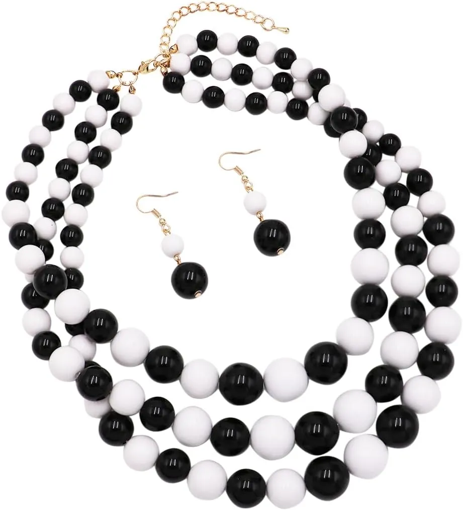 Rosemarie & Jubalee Women's 3 Colorful Multi Strands Simulated Pearl Necklace And Earrings Jewelry Gift Set, 18" 3" Extender