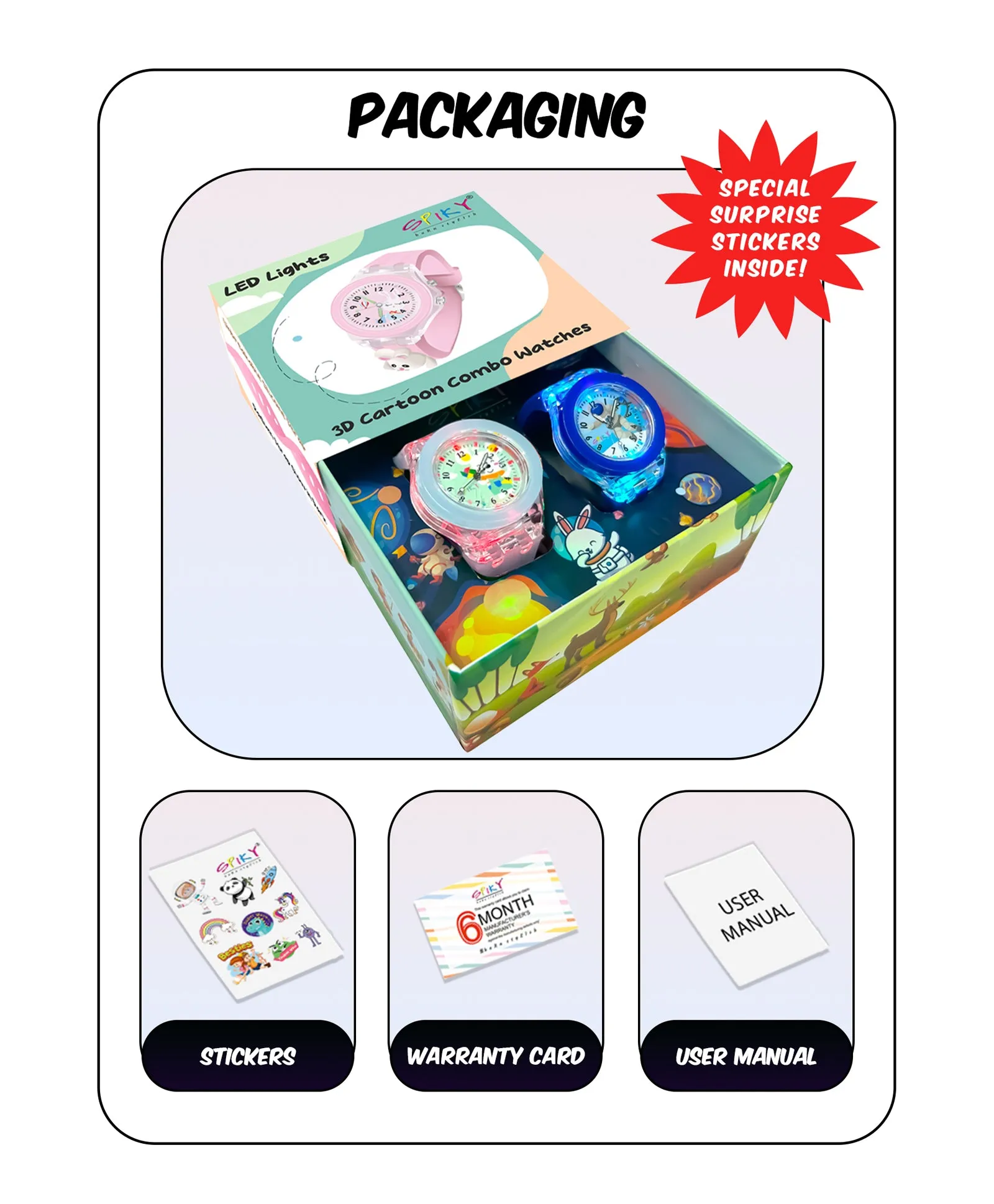 Spiky 3D Astronaut & Rabbit Cartoon Analog Light Watch Combo - Blue & Pink