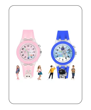 Spiky 3D Astronaut & Rabbit Cartoon Analog Light Watch Combo - Blue & Pink