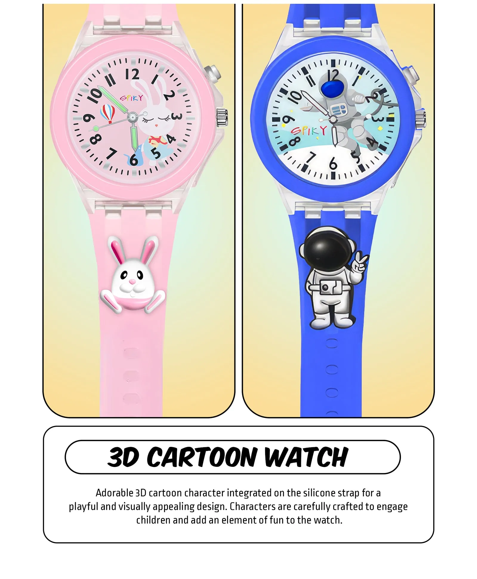 Spiky 3D Astronaut & Rabbit Cartoon Analog Light Watch Combo - Blue & Pink