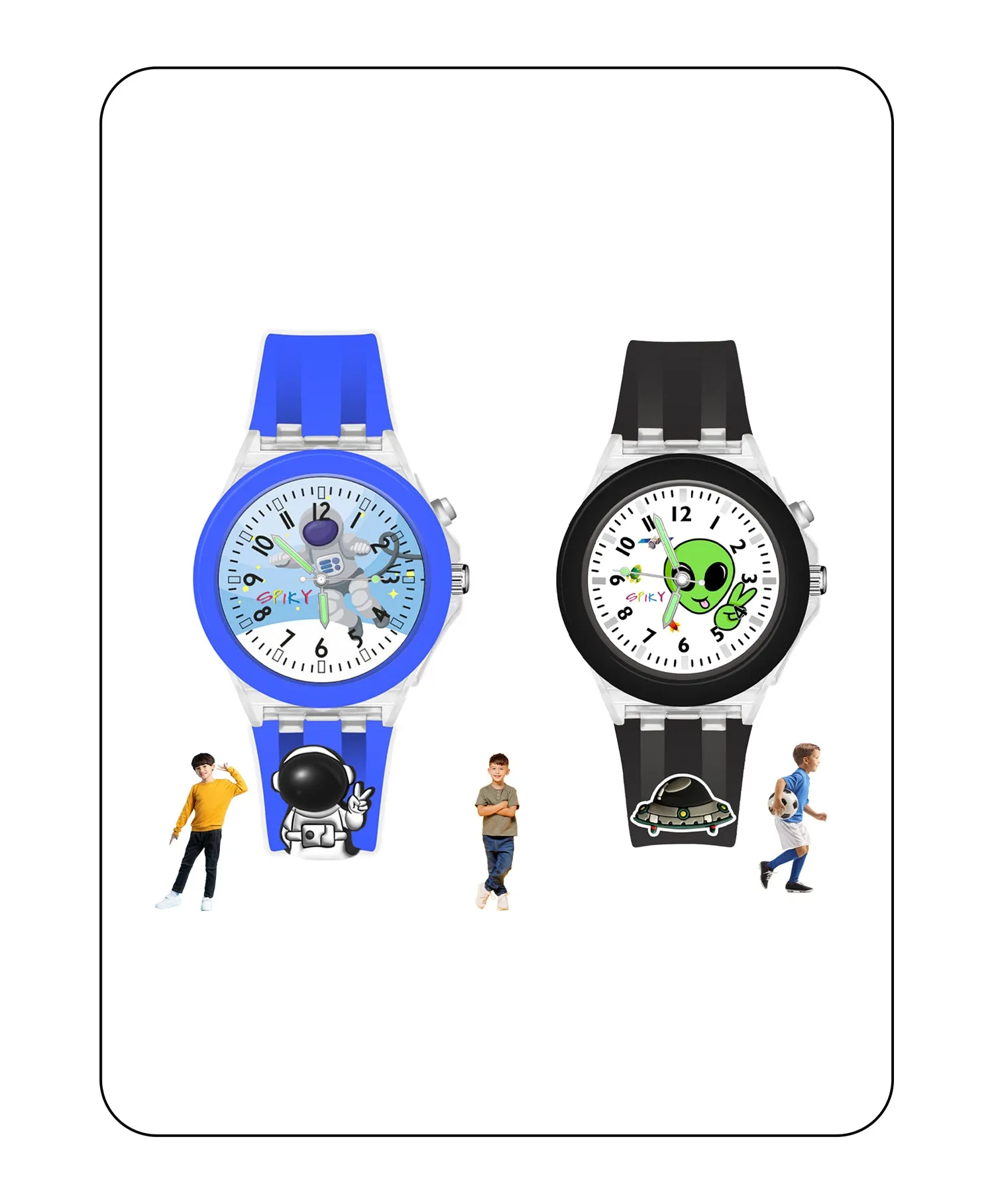 Spiky 3D Astronaut & Rabbit Cartoon Analog Light Watch Combo - Blue & Pink