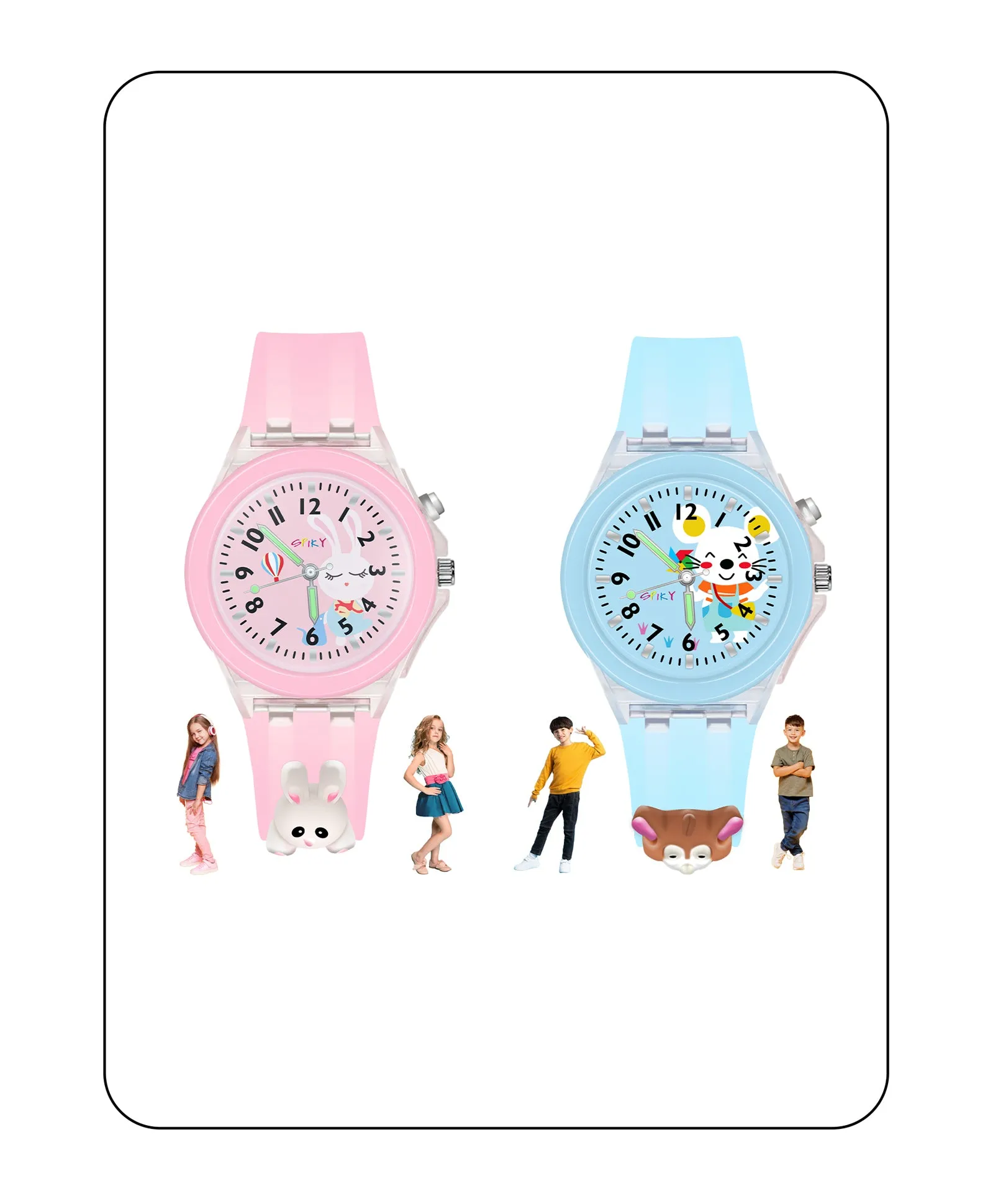 Spiky 3D Astronaut & Rabbit Cartoon Analog Light Watch Combo - Blue & Pink