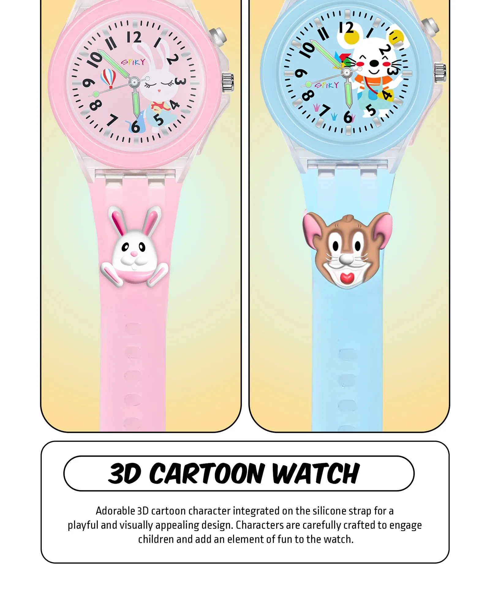 Spiky 3D Astronaut & Rabbit Cartoon Analog Light Watch Combo - Blue & Pink