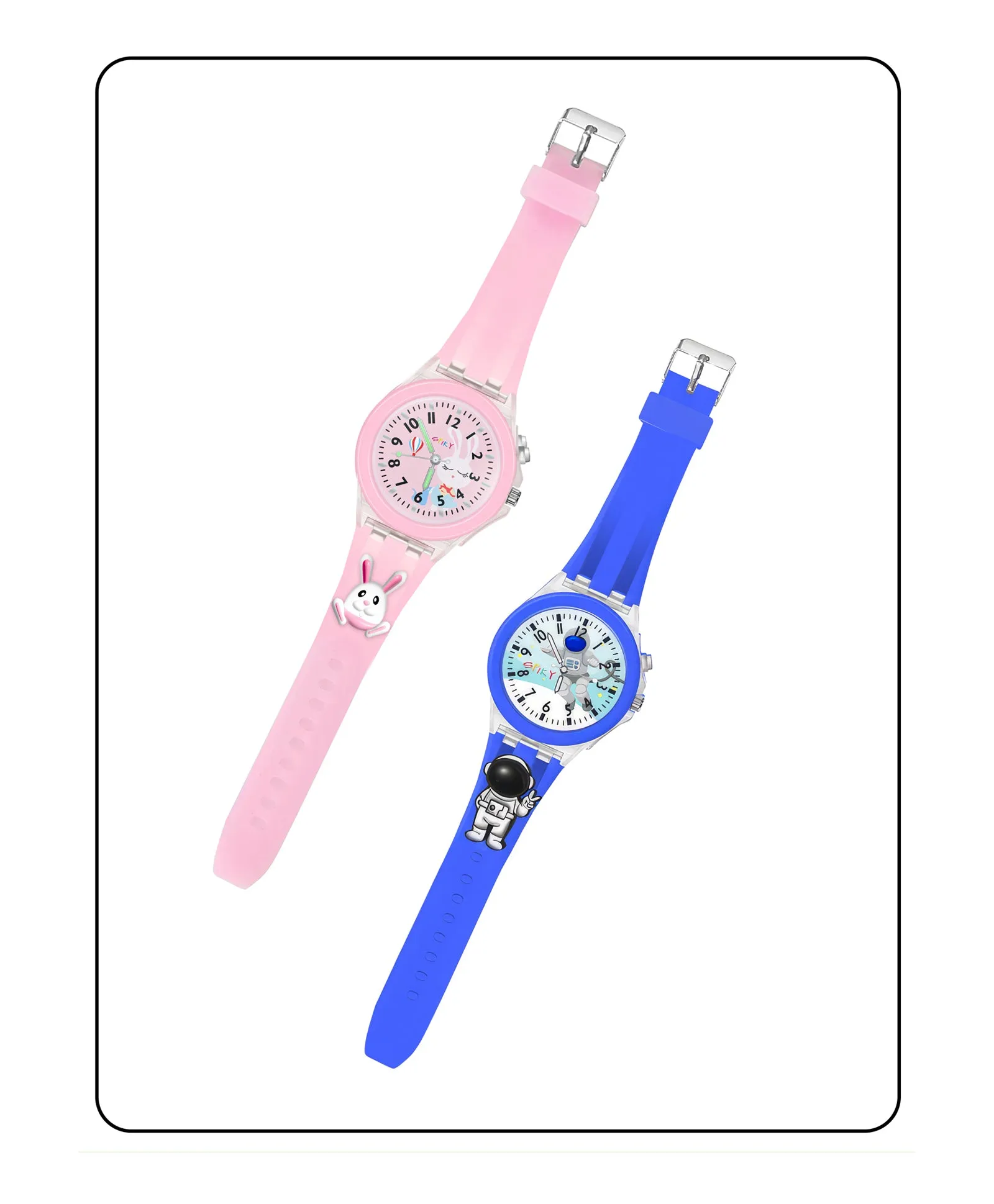 Spiky 3D Astronaut & Rabbit Cartoon Analog Light Watch Combo - Blue & Pink