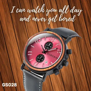 Stylish men's wooden watch with genuine black leather strap