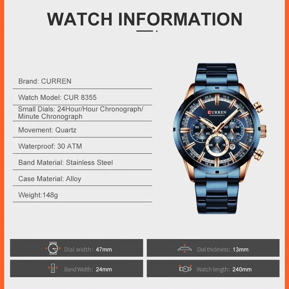 Top Brand Luxury Sports Quartz Mens Watches | Full Steel Waterproof Chronograph Mens Wristwatch