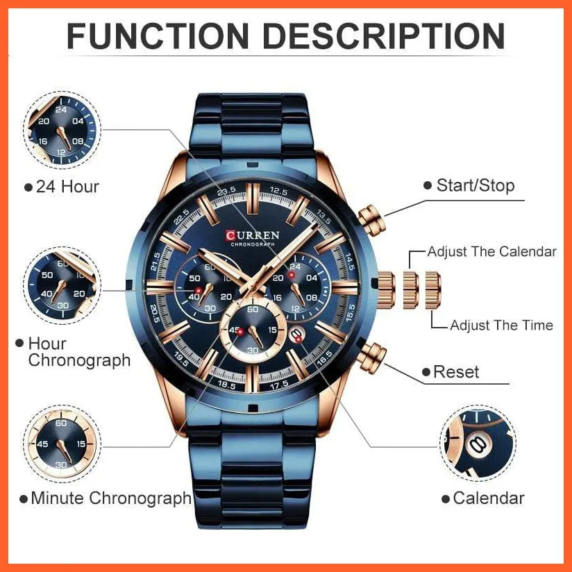 Top Brand Luxury Sports Quartz Mens Watches | Full Steel Waterproof Chronograph Mens Wristwatch