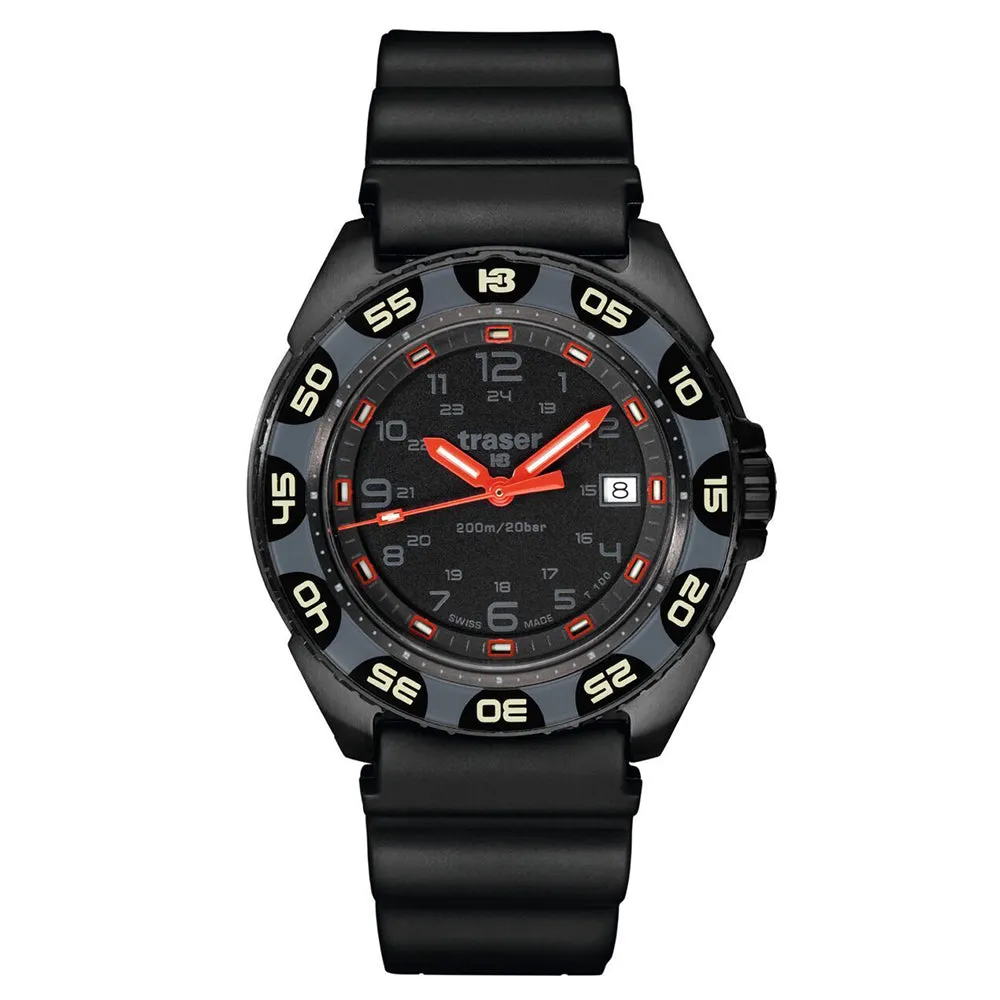 Traser Red Alert T100 Mens Black Rubber Construction Band Black Quartz Dial Watch - 106470