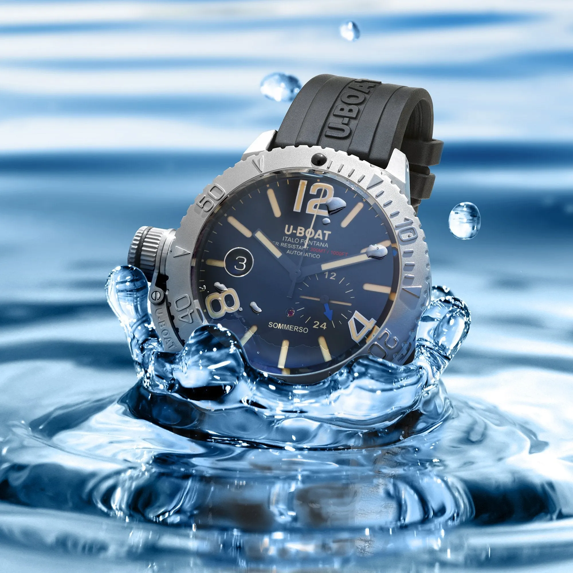 U-Boat Watch Sommerso Diver Black Silicone Strap 9007/A