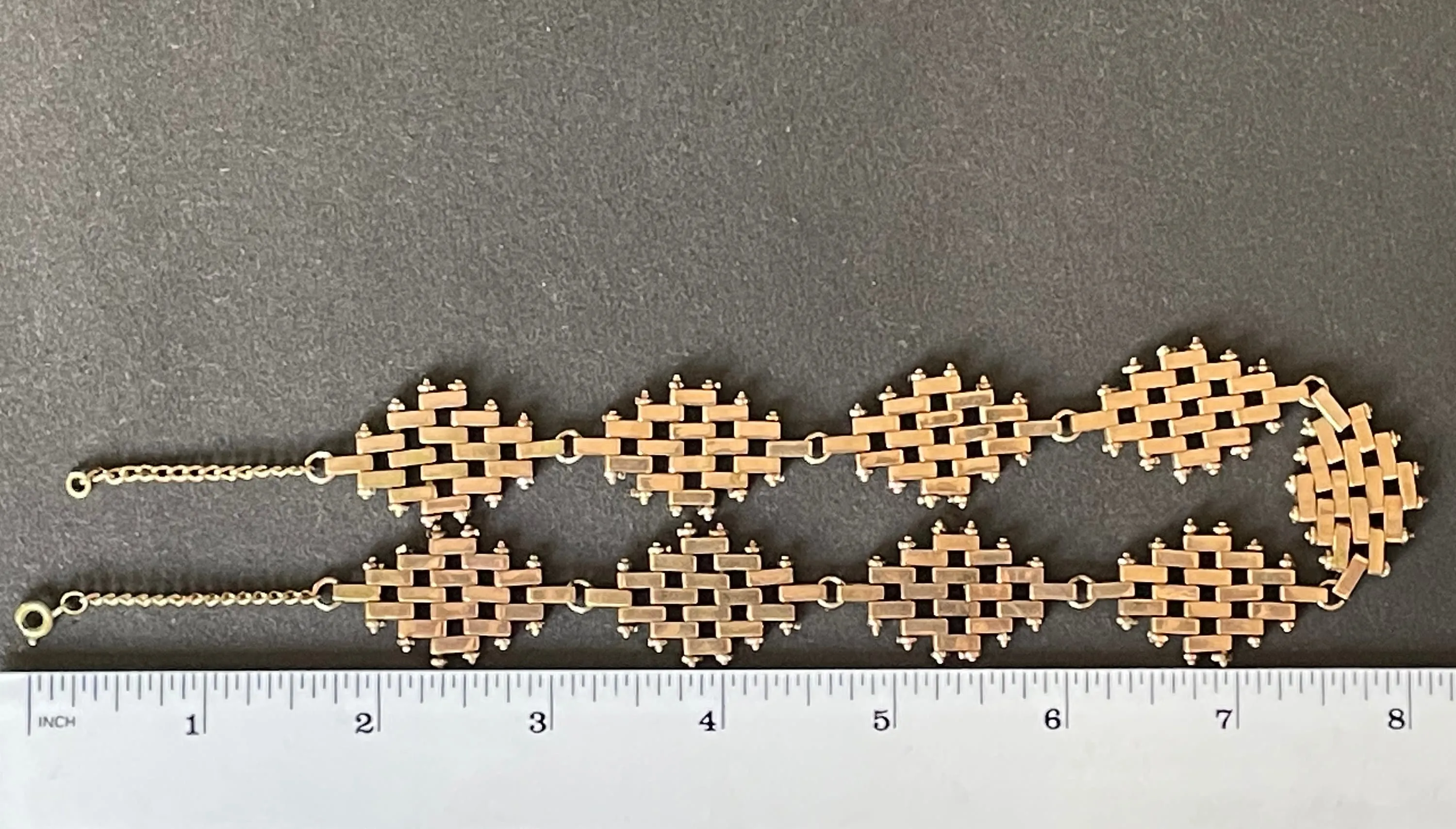 Vintage Jakob Bengel Art Deco brickwork / mauerwerk machine age gold tone choker necklace, geometric design