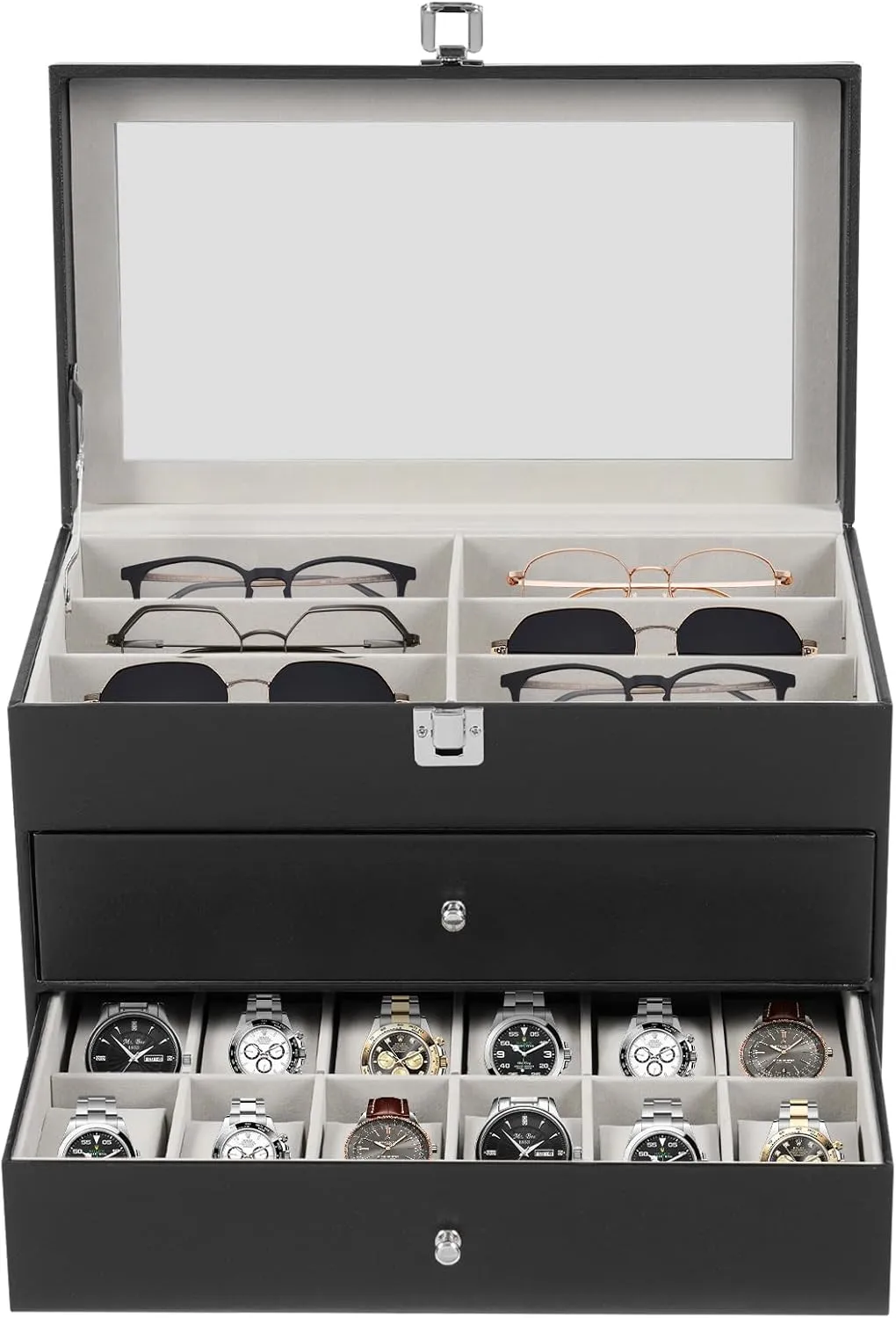 Watch and Glasses Storage Box 12 Slots Watch Case with Drawers for Glasses Organizer Sunglasses Display Case Watches Box for Men Children Gift for Husband
