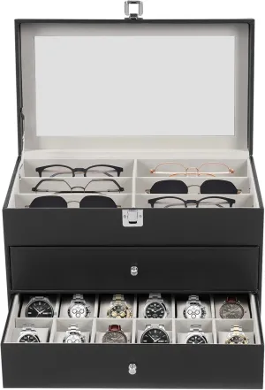 Watch and Glasses Storage Box 12 Slots Watch Case with Drawers for Glasses Organizer Sunglasses Display Case Watches Box for Men Children Gift for Husband