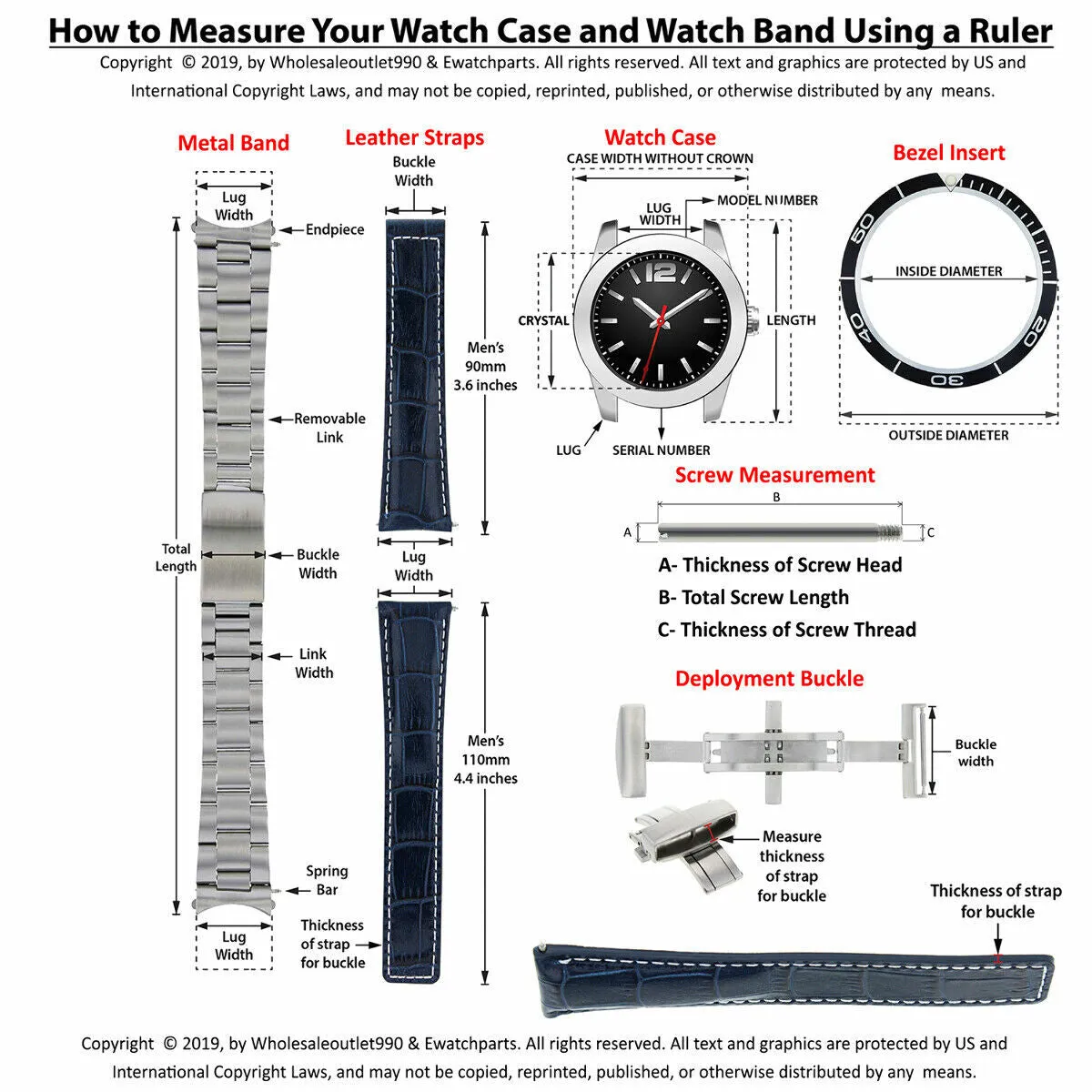 WATCH STRAP BAND & LUG MEASURING RULER GAUGE FOR 6MM TO 30MM TOOL FOR INVICTA