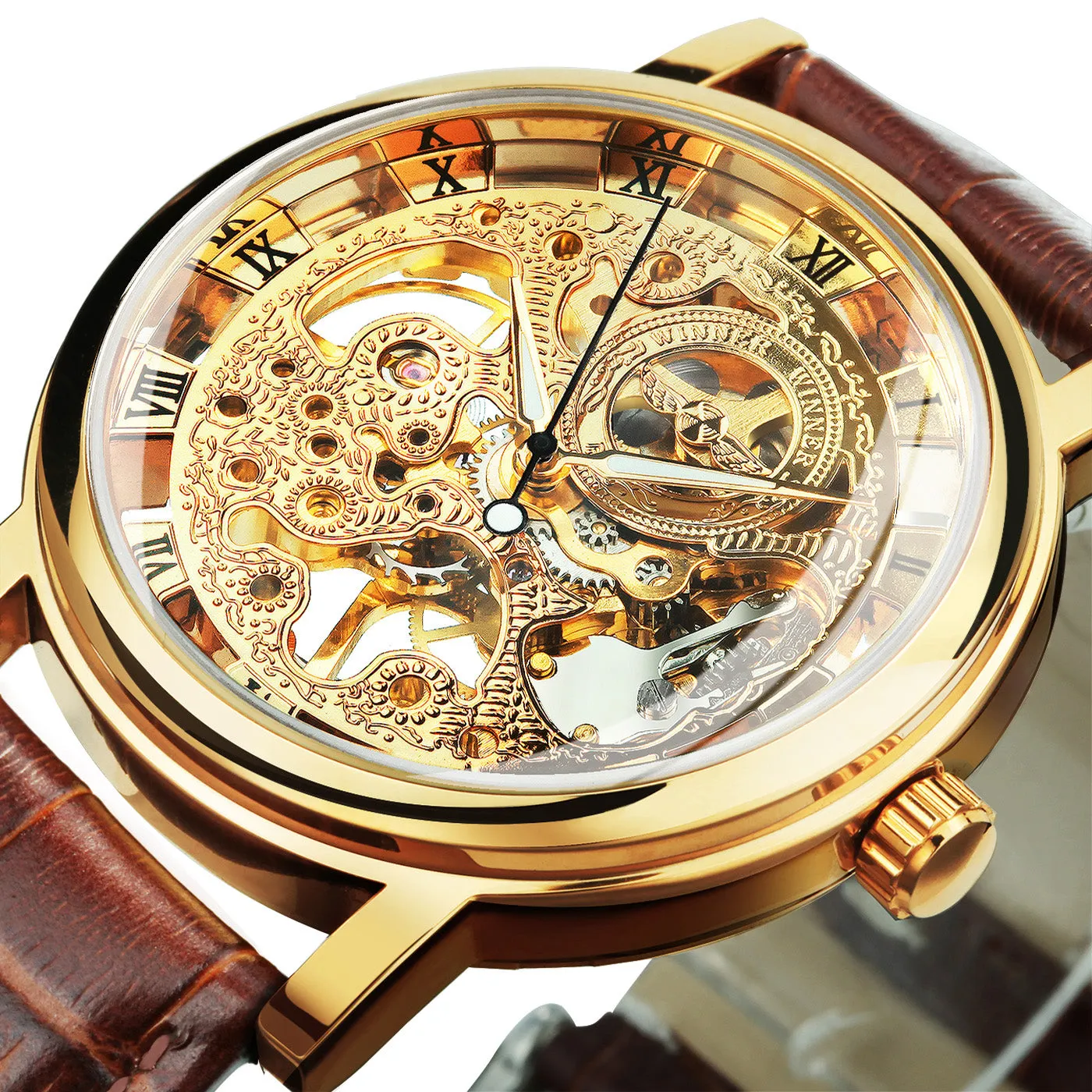 WINNER Classic Vintage Gold Skeleton Hand Wind Mechanical Watch for Men Leather Belt