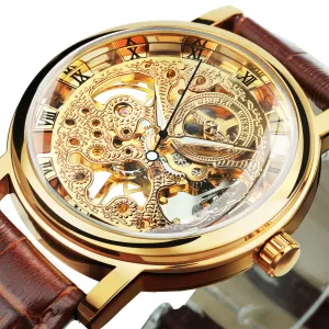 WINNER Classic Vintage Gold Skeleton Hand Wind Mechanical Watch for Men Leather Belt