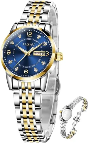Womens Watch Fashion Dress Waterproof Silver Watches for Women Casual Easy Read Quartz Analog Women's Watch Two Tone Stainless Steel Ladies Watches with Day Date