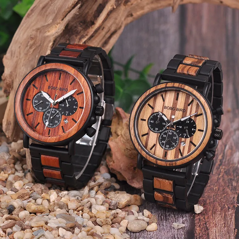 Wooden Mens Watches Top Brand Luxury Stylish Watch Wood & Stainless Steel Chronograph Military Quartz Watch