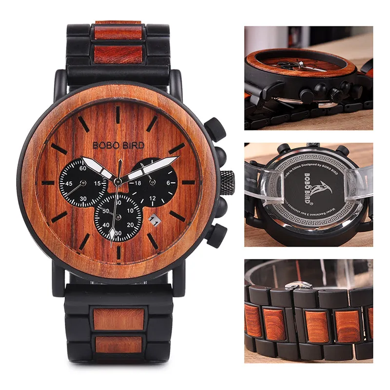 Wooden Mens Watches Top Brand Luxury Stylish Watch Wood & Stainless Steel Chronograph Military Quartz Watch