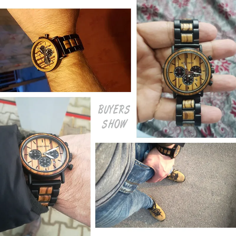 Wooden Mens Watches Top Brand Luxury Stylish Watch Wood & Stainless Steel Chronograph Military Quartz Watch