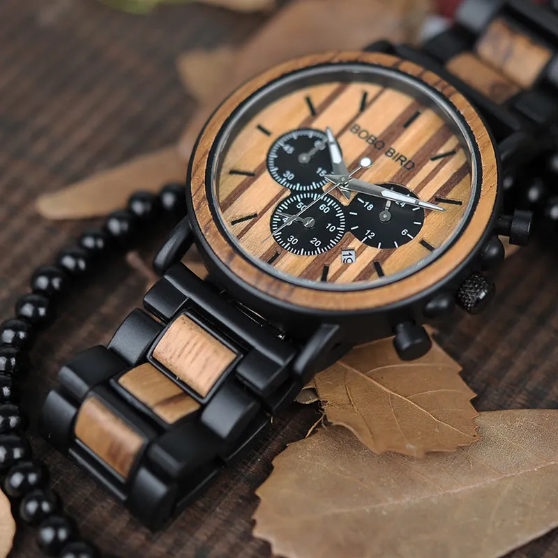 Wooden Mens Watches Top Brand Luxury Stylish Watch Wood & Stainless Steel Chronograph Military Quartz Watch