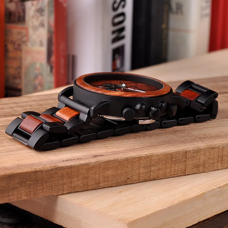 Wooden Mens Watches Top Brand Luxury Stylish Watch Wood & Stainless Steel Chronograph Military Quartz Watch