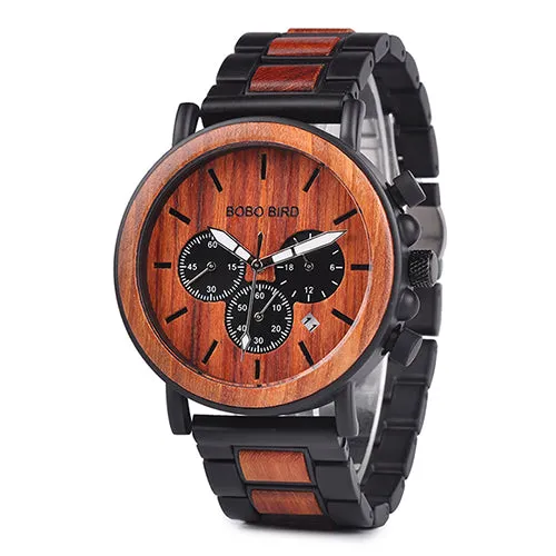 Wooden Mens Watches Top Brand Luxury Stylish Watch Wood & Stainless Steel Chronograph Military Quartz Watch