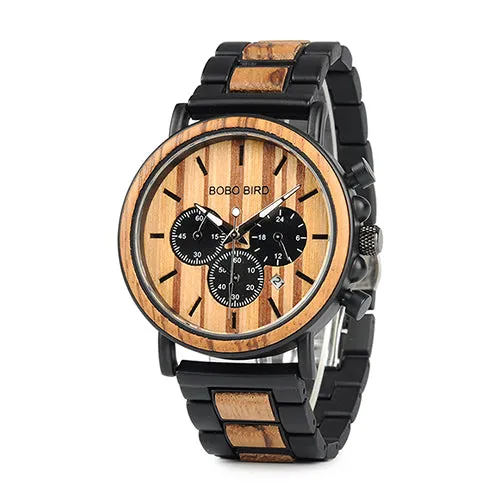 Wooden Mens Watches Top Brand Luxury Stylish Watch Wood & Stainless Steel Chronograph Military Quartz Watch